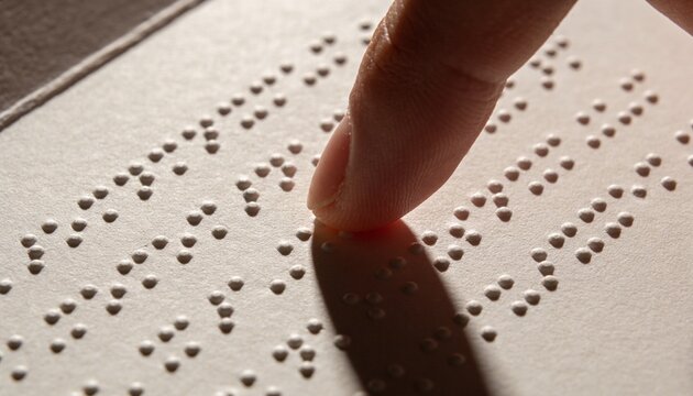 Tracing index fingertip gliding over Braille paper on desk, with embossed dots and shadow