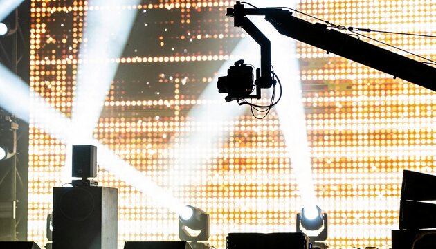 Silhouetting camera on crane, stretching across concert stage with LED wall and moving lights