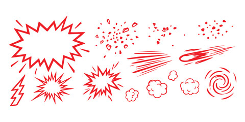 Comic book explosion and action effect elements set with speech bubbles and speed lines ©  creative  marlia
