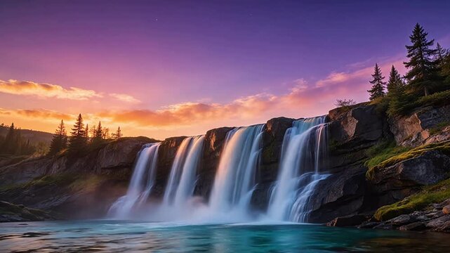 Waterfall at sunset with purple sky