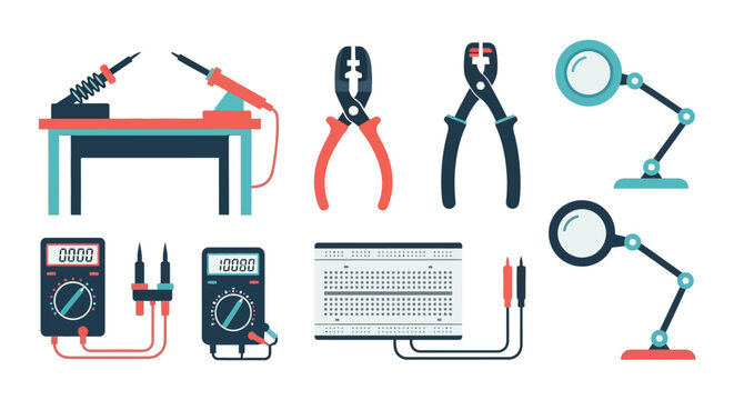 Electronics Repair Tools and Components Collection - Soldering Iron, Pliers, Multimeters