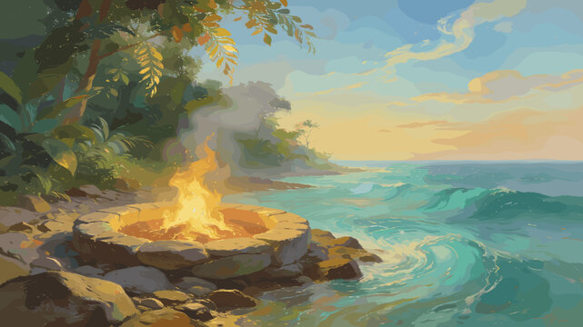 A serene beach scene with a crackling campfire on the shore, waves gently lapping against the rocks under a warm, golden sunset sky.