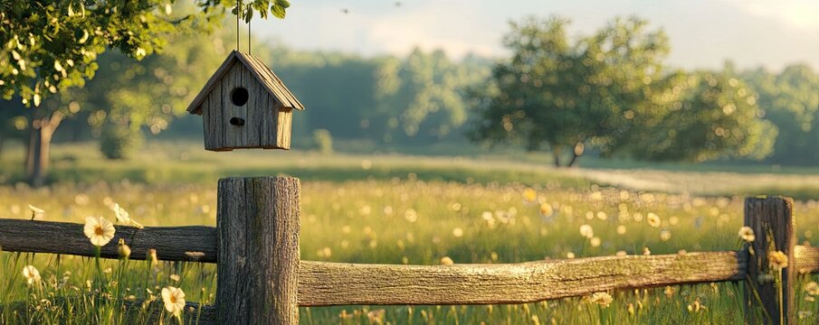 A serene farmyard with a small birdhouse hanging from a fence post, representing nurturing and care, 