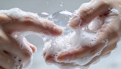 Fototapeta premium Pressing adult hands' fingertips through thick soap suds at sink, with rainbow bubbles and droplets