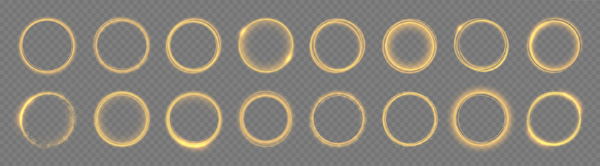 Fototapeta premium Transparent gold ring with soft glowing stardust. Elegant light particles form luxury abstract frame. Vector festive PNG illustration element.