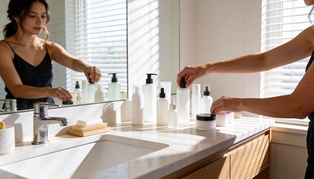 Woman in black camisole arranging skincare bottles on marble vanity at home, with large mirror