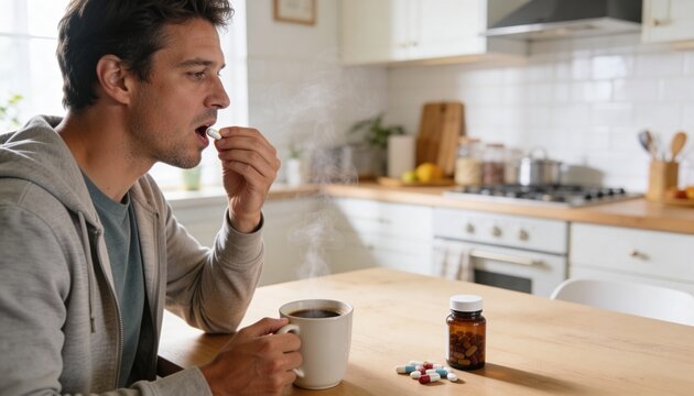 Sipping man in gray hoodie holding steaming mug, lifting pill at kitchen table with Rx bottle