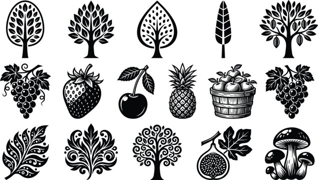 Black fruit and tree icon vector set with grapes strawberry cherry pineapple fig mushroom isolated on white background