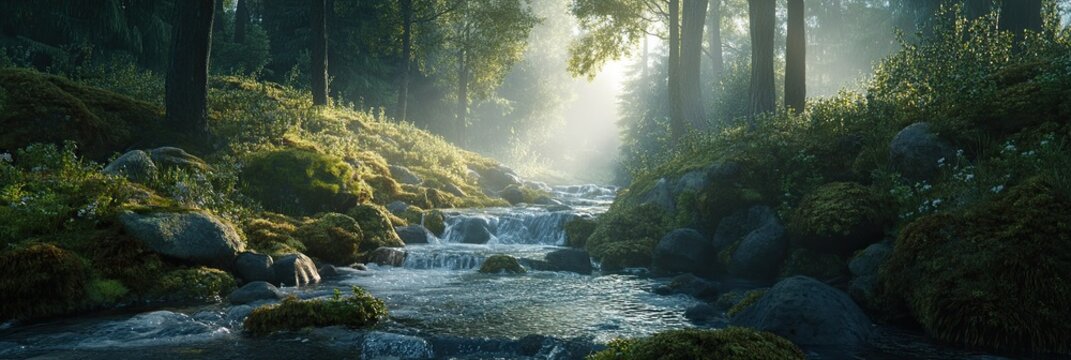 A serene mountain stream flowing through a dense forest, with moss-covered rocks and sunlight filtering through the canopy above. The natural beauty of the forest is highlighted in the soft light. 