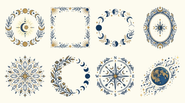 Set of celestial and mystical design elements with moon phases and mandalas.