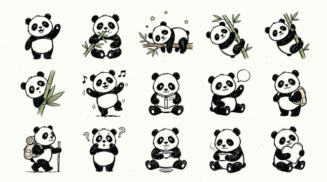 Set of cute hand drawn panda bear character illustrations.