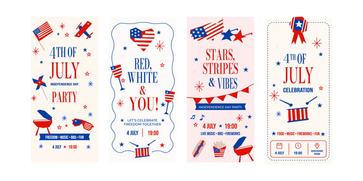 Set Festive American independence day banners with patriotic symbols and celebration themes