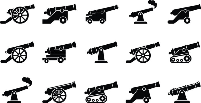Black silhouette collection of vintage military cannons and antique artillery weapons isolated on a white background