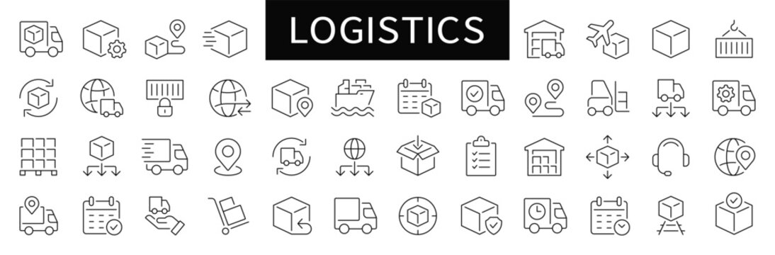 Logistics thin line icons set. Shipping, logistic, transportation editable stroke icons. Vector