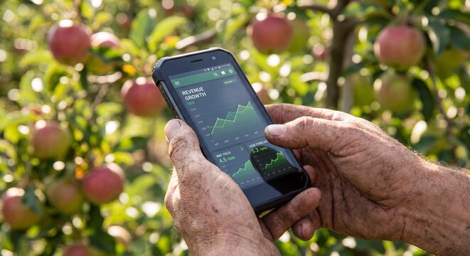 Close-up of a farmer's soil-stained hands holding a rugged smartphone displaying an agtech revenue dashboard in an apple orchard.