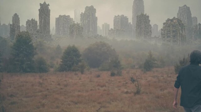 Post‑apocalyptic urban decay: lost man wandering overgrown ruins, abandoned city, no signal, collapse of civilization, using mobile device