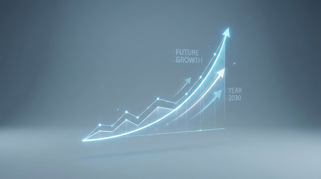 Futuristic financial forecast graph showing exponential upward trend with glowing blue lines and arrows indicating future growth towards the year 2030 set against a clean