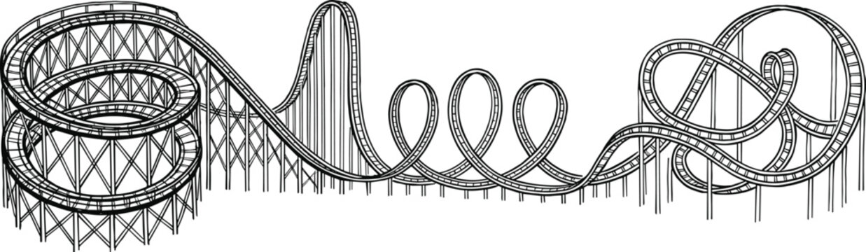 Detailed roller coaster line art illustration with loops drops and support structures isolated on white background