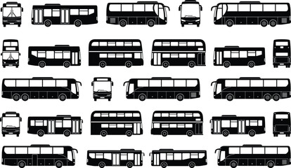 Public transport bus silhouette vector set with double decker city coach and shuttle isolated on white background © Shariful