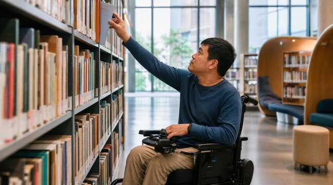 Asian Man in Wheelchair Reaching for a Book in a Modern Library