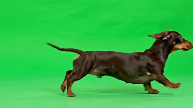 Energetic dachshund dog running playfully on a vibrant green background.