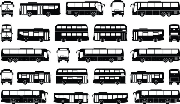 Public transport bus silhouette vector set with double decker city coach and shuttle isolated on white background