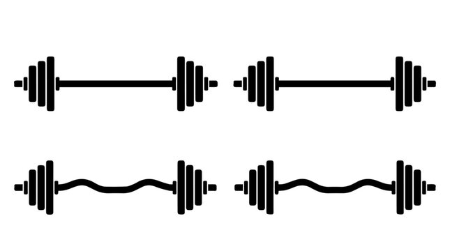 Set of barbell and curl bar icons symbolizing strength training, endurance, and gym equipment in minimalist black‑and‑white design