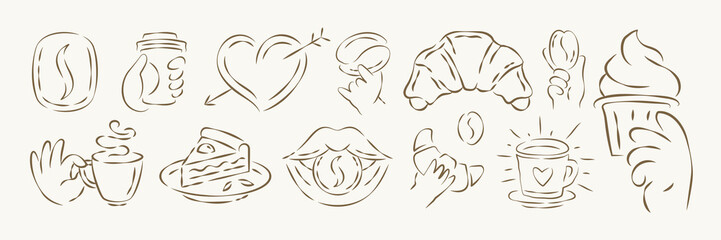 Fototapeta premium A romantic set of hand drawn coffee and bakery icons. A whimsical vector illustration with love symbols, croissants, and cake. Ideal for cafe branding, valentine's cards, or cozy themed projects