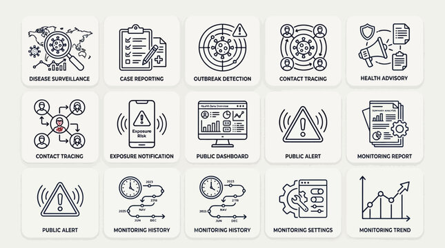 Set of fifteen pandemic disease surveillance and public health monitoring line icons.