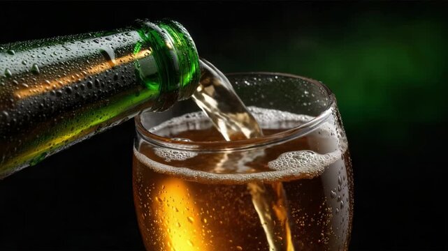 Refreshing Beverage Pour: An Artistic Close-Up of Beer Being Poured into a Glass, Showcasing Bubbles, Splashing Liquid, and Glittering Bottle Against a Dark Background