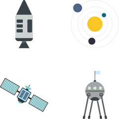 Space exploration and astronomy flat icons including spacecraft, solar system, satellites, and landers © juliars