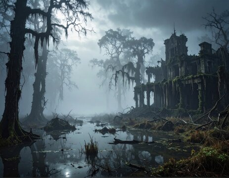 Atmospheric gothic swamp scene with ruins, Spanish moss, and foreboding light