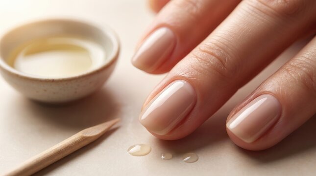 A close-up of a woman's hand with neatly manicured nails. A small bowl of oil and a wooden stick are placed nearby. The background is soft and neutral.