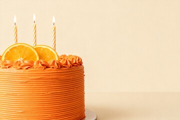 Fototapeta premium Orange Birthday Cake with Lit Candles and Citrus Slices