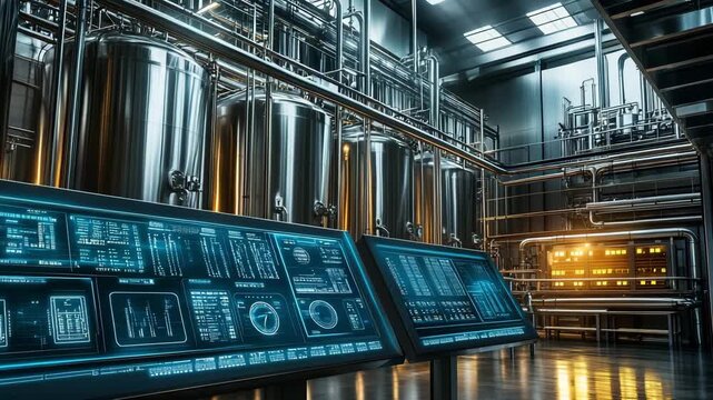 Displays show data and status of operations in a large industrial space with tanks and machinery during daytime