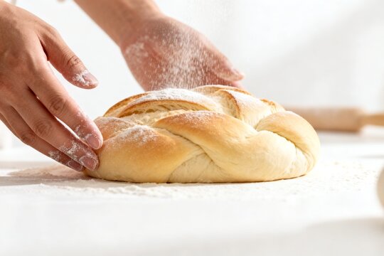 Hands dusting fresh braided bread with flour