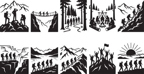 Fototapeta premium Hiking, adventure, outdoor activities, black icons, silhouette, vector graphics, 12 elements