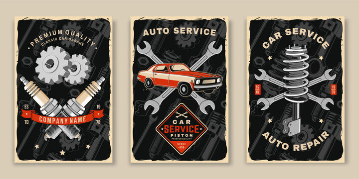 Vintage Automotive Poster Collection with Classic Car, Shock Absorber and Engine Components. Retro vector Garage Wall Art Vector Set for Auto Repair Workshops