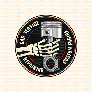 Vintage Custom Engine Repair Badge with Piston, Connecting Rod and Skeleton Hand. Retro Automotive Garage Emblem for Mechanic Workshop and Car Service Branding