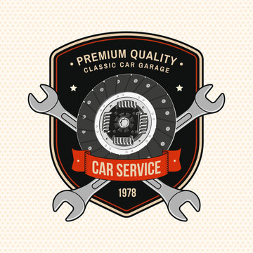 Vintage Car Service Badge with Clutch Disc and Crossed Wrenches. Retro Automotive Repair Emblem for Garage Workshop, Mechanic Branding and Apparel Design