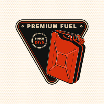 Premium Fuel Vintage Automotive Badge with Red Jerry Can. Retro Gasoline Service Emblem for Garage Workshop, Motor Oil Branding and Automotive Design