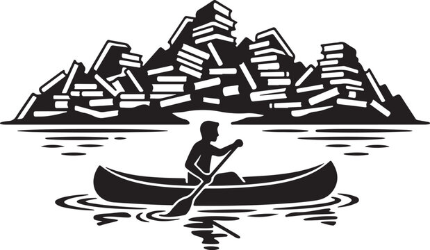 black and white illustration, canoe, books pile, vector