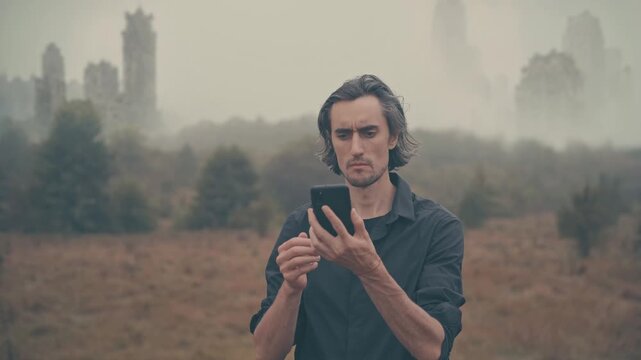 Man trying to catch mobile signal in post‑apocalyptic abandoned city, lost connection and civilization, foggy urban ruins