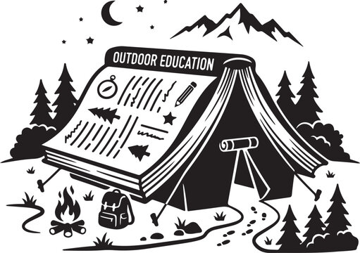 Outdoor education, camping vector illustration, black and white, tent, book, nature