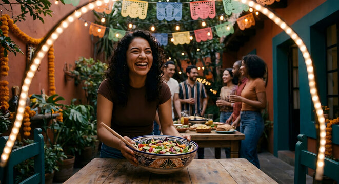 Mujer joven sonriente sirviendo una ensalada fresca en una fiesta al aire libre con amigos en un patio decorado