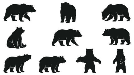 Fototapeta premium A collection of black vector bear silhouettes featuring various natural poses in high contrast design
