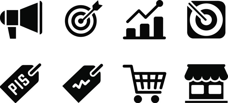 Marketing and sales icon set megaphone targets charts discounts and storefront graphics