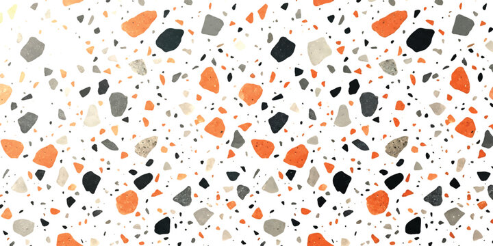 Abstract terrazzo pattern with orange and black stone chips on a light surface
