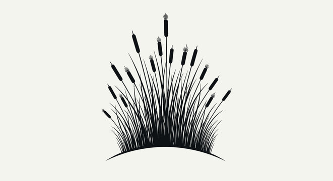 Black silhouette of cattails and reeds growing in a dense clump.