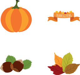 Fototapeta premium Set of autumn and thanksgiving themed flat design elements including pumpkin, banner, hazelnuts, and leaves